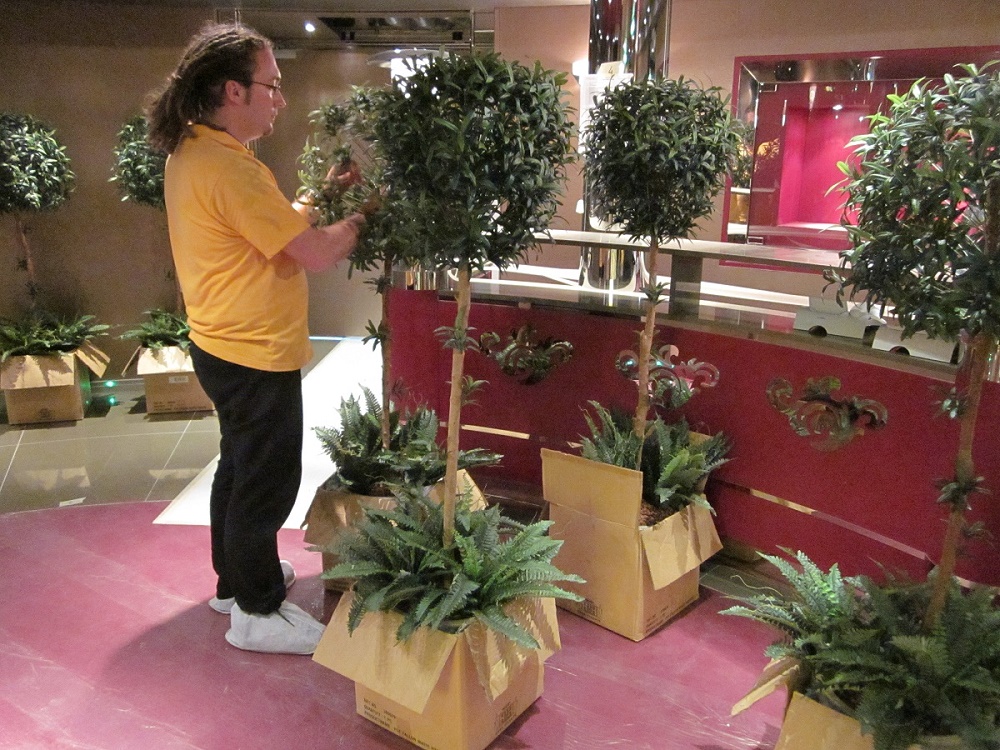 Florist onboard cruise ship with plants