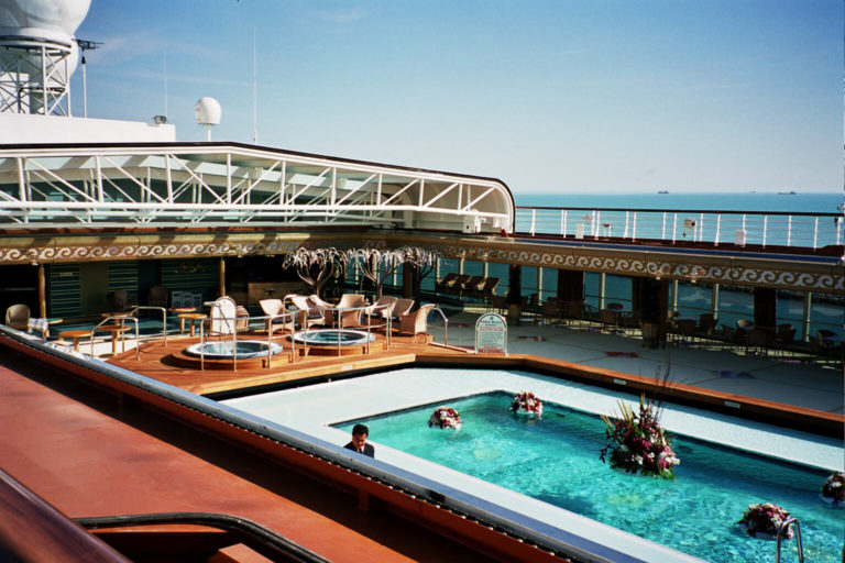 Pool of a newbuild ship decorated with flowers